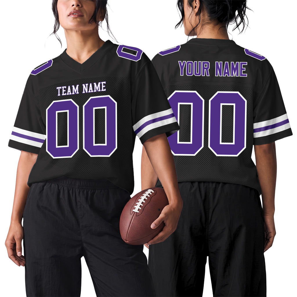 Custom Black Purple-White Mesh Football Jersey