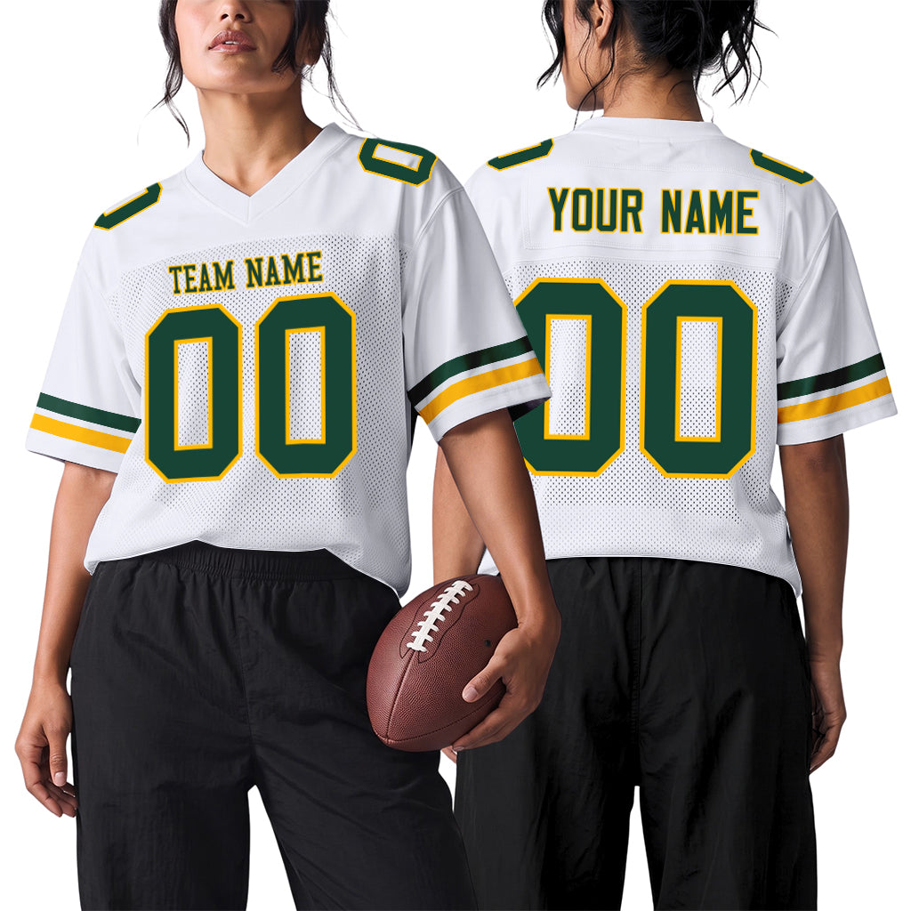 Custom White Green-Gold Mesh Football Jersey
