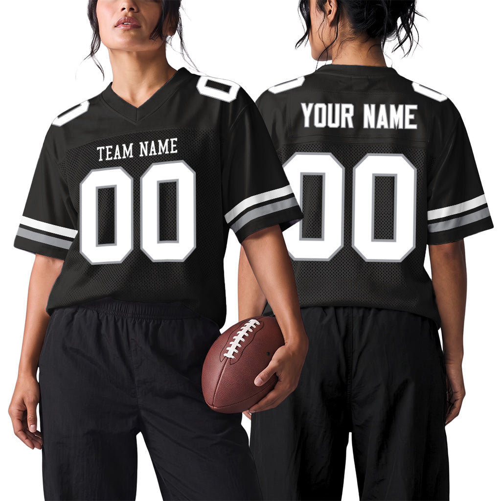 Custom Black White-Silver Custom Name Mesh Football Jersey