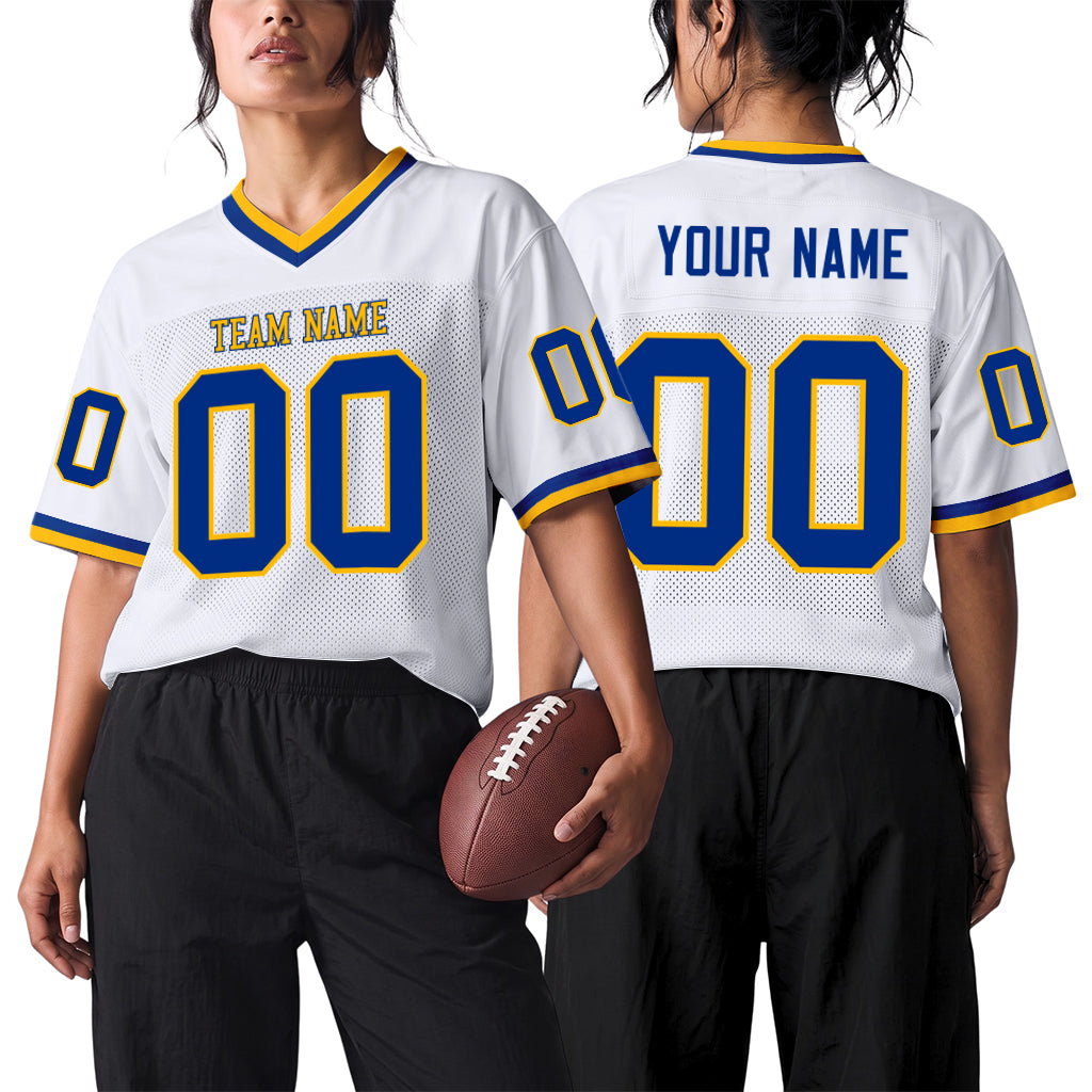 Custom White Royal-Gold Mesh Football Jersey