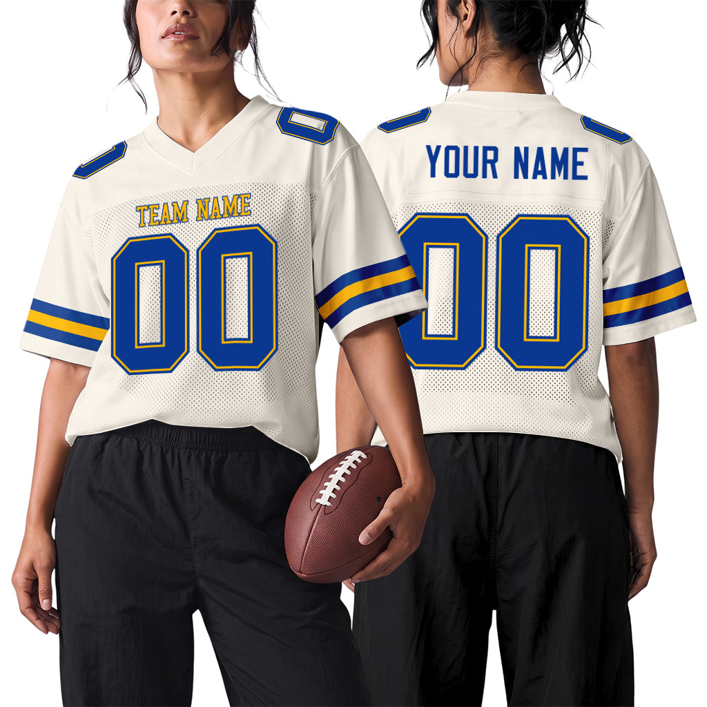 Custom Cream Royal-Gold Mesh Football Jersey