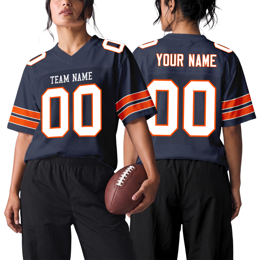 Custom Navy White-Orange Mesh Football Jersey