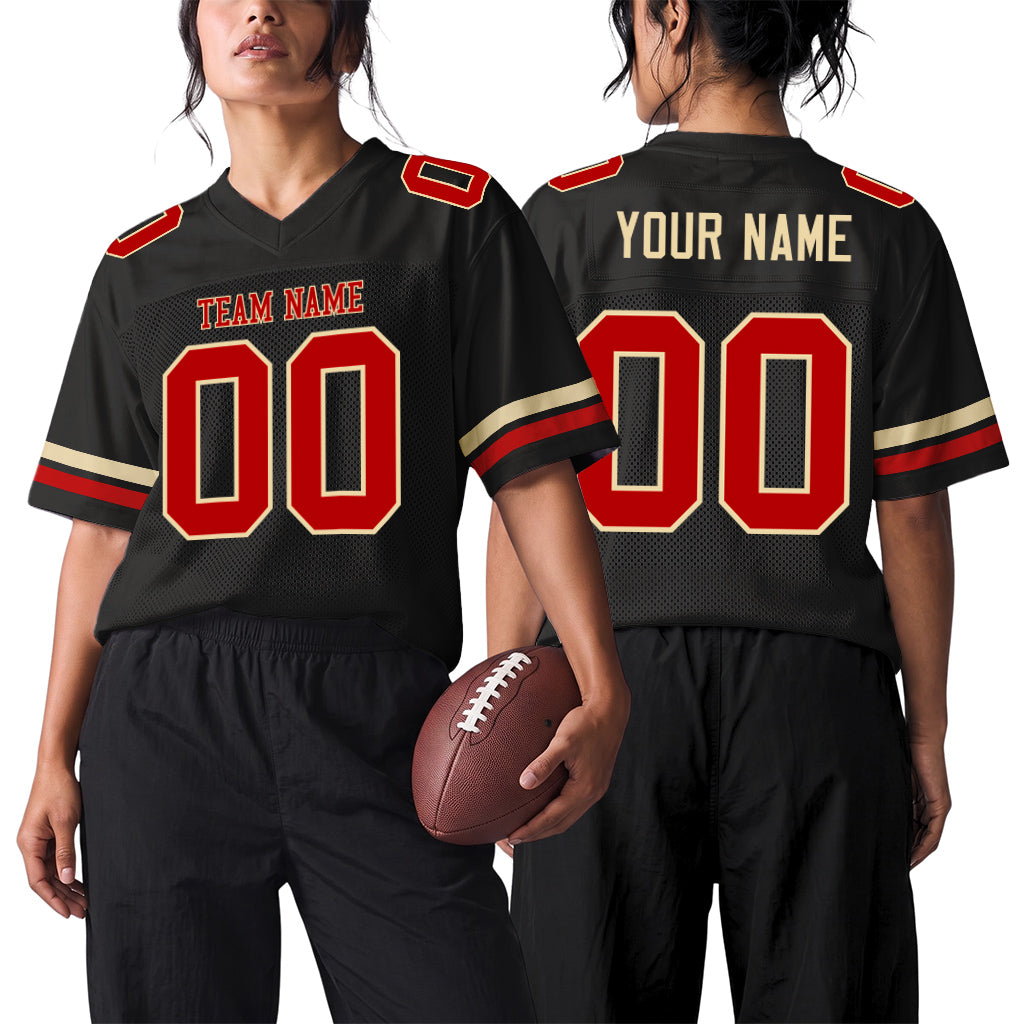 Custom Black Red-Cream Mesh Football Jersey