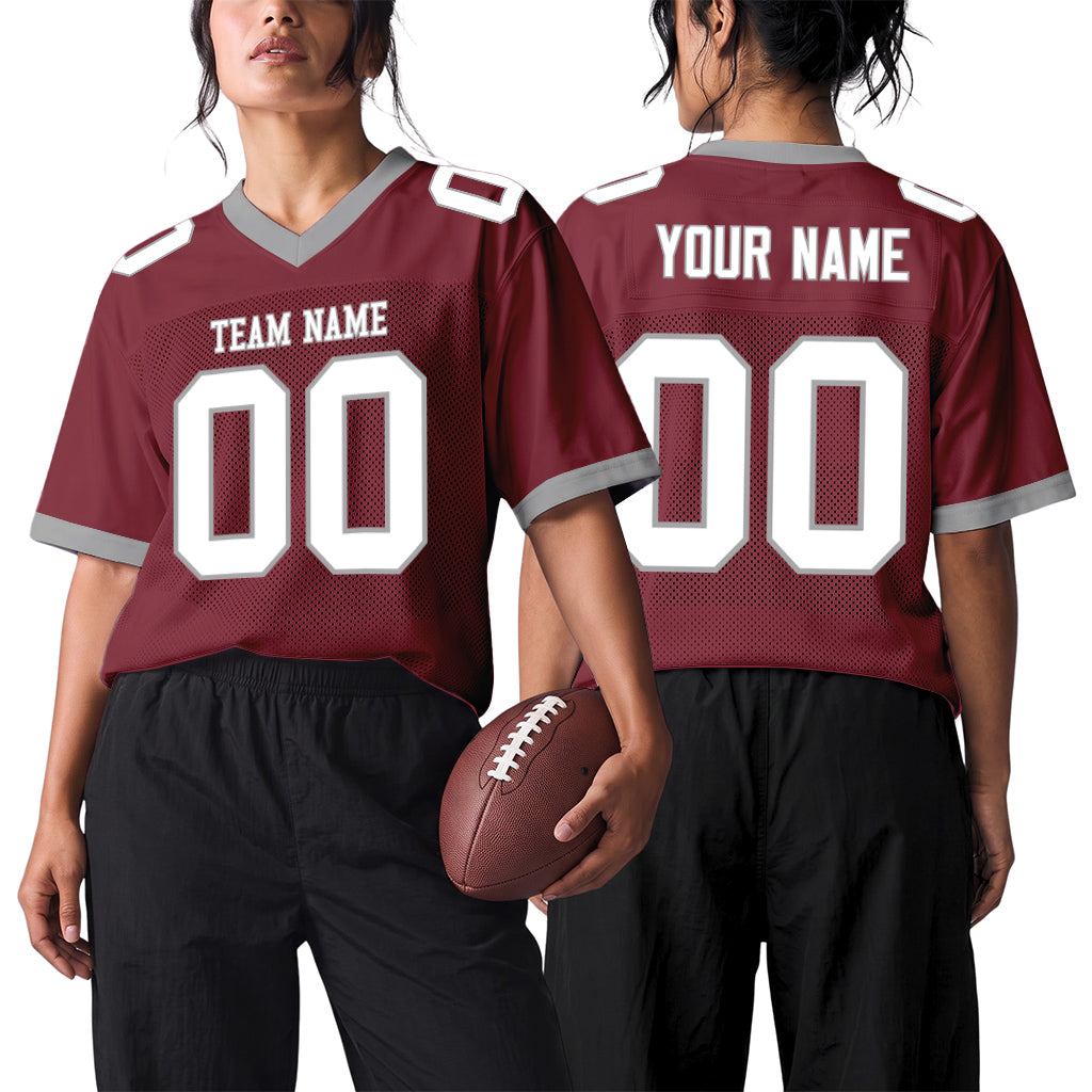Custom Burgundy White-Gray Mesh Football Jersey