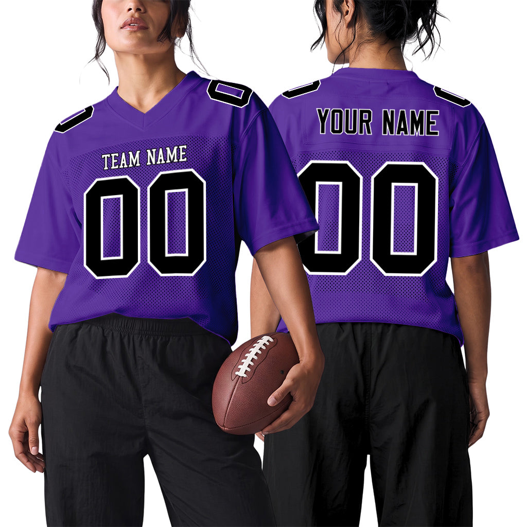 Custom Purple Black-White Mesh Football Jersey