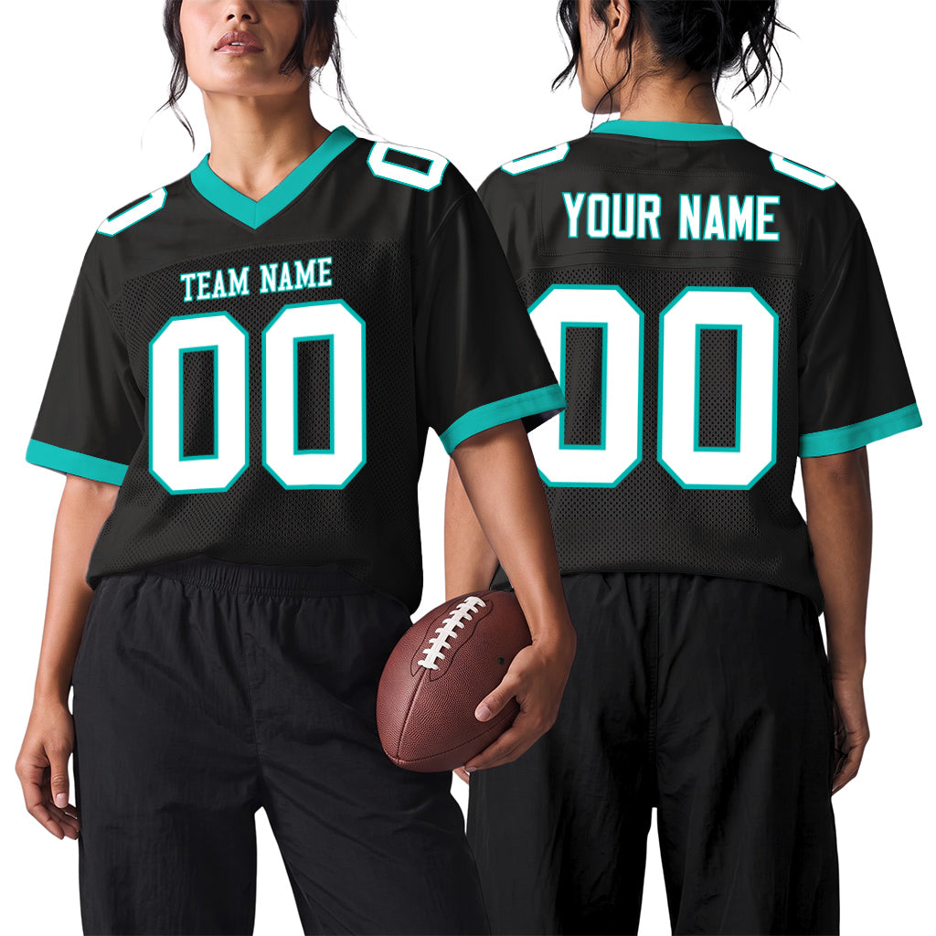 Custom Black White-Aqua Mesh Football Jersey