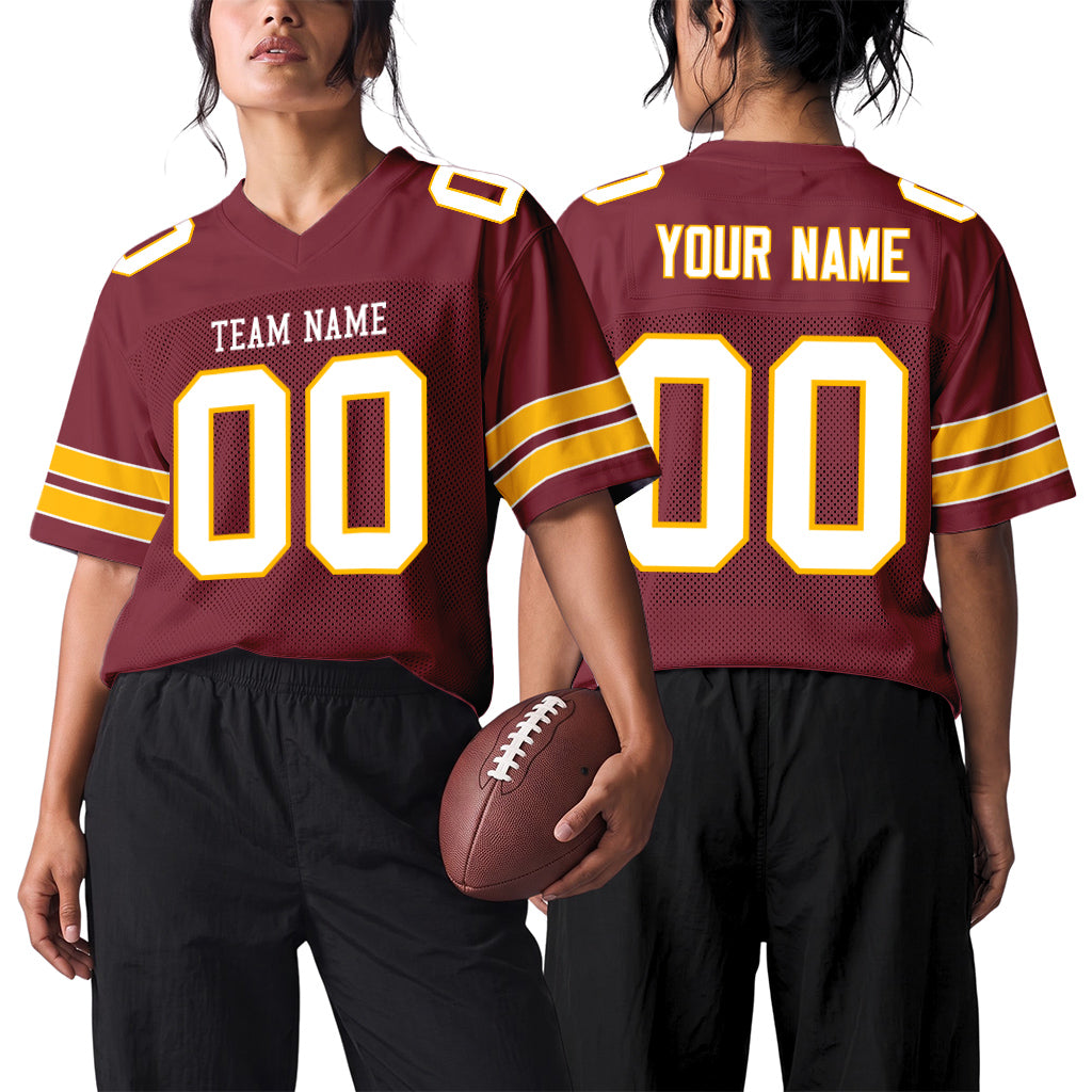 Custom Burgundy White-Gold Mesh Football Jersey