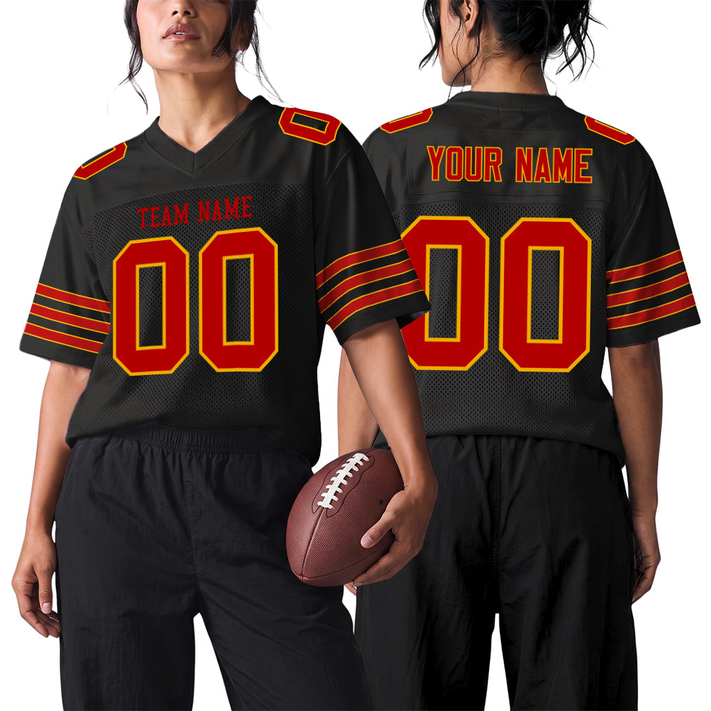 Custom Black Scarlet-Gold Custom Name Mesh Football Jersey
