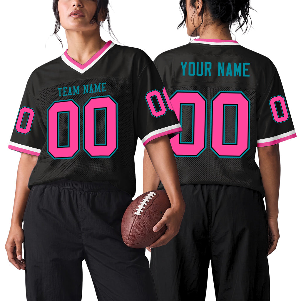 Custom Black Pink-Teal Mesh Throwback Mesh Football Jersey