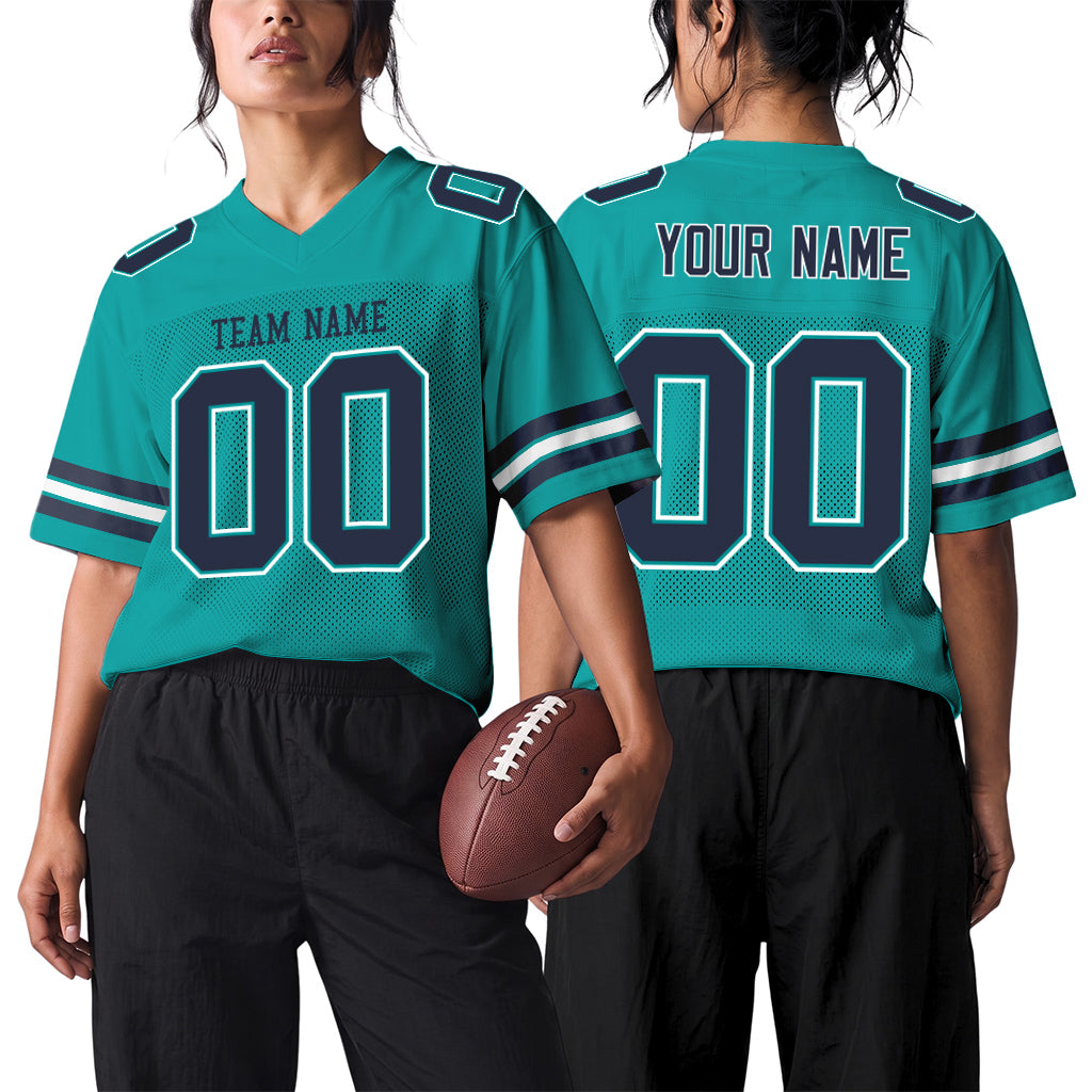 Custom Aqua Navy-White Football Jersey