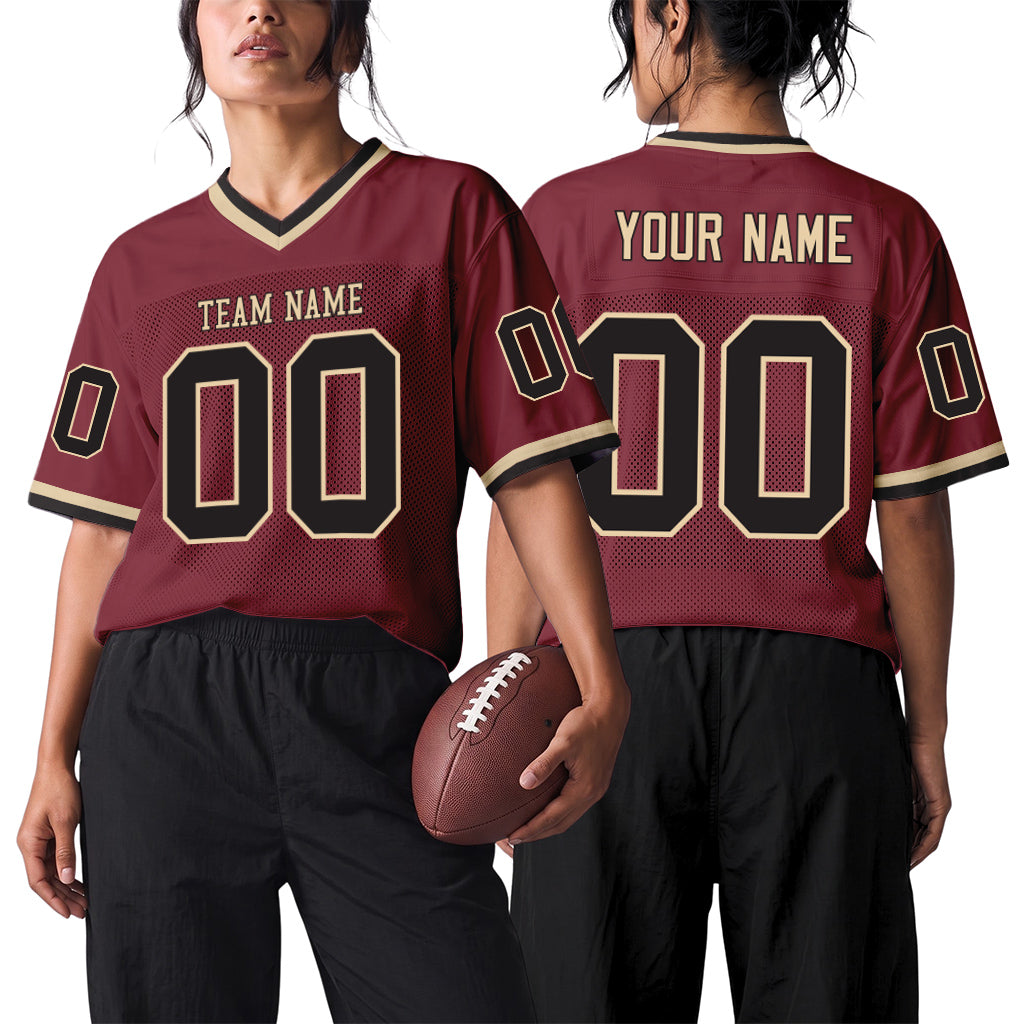 Custom Burgundy Black-Cream Mesh Football Jersey