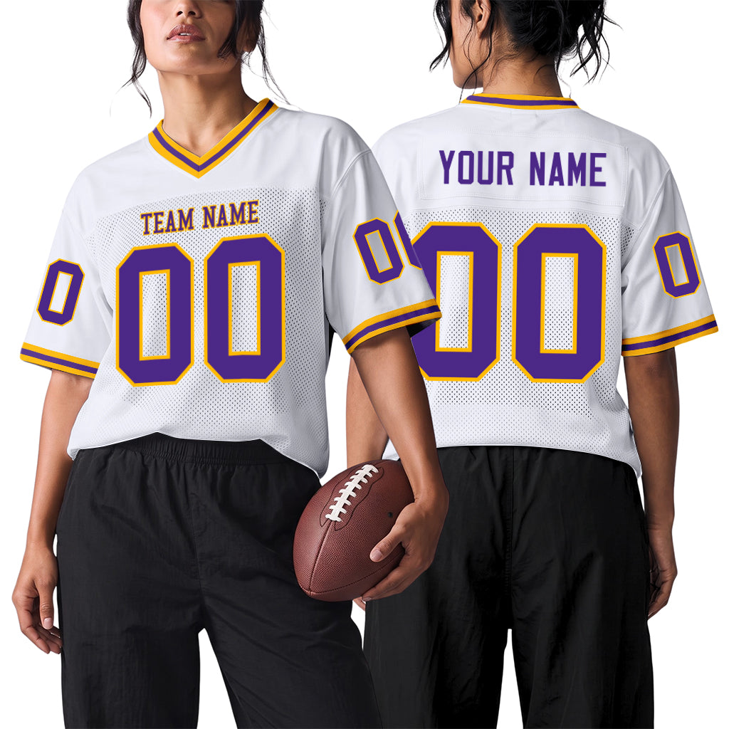 Custom White Purple-Gold Mesh Football Jersey