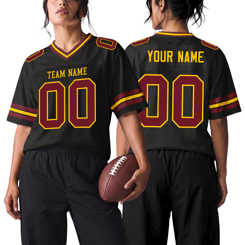 Custom Black Burgundy-Gold Mesh Football Jersey
