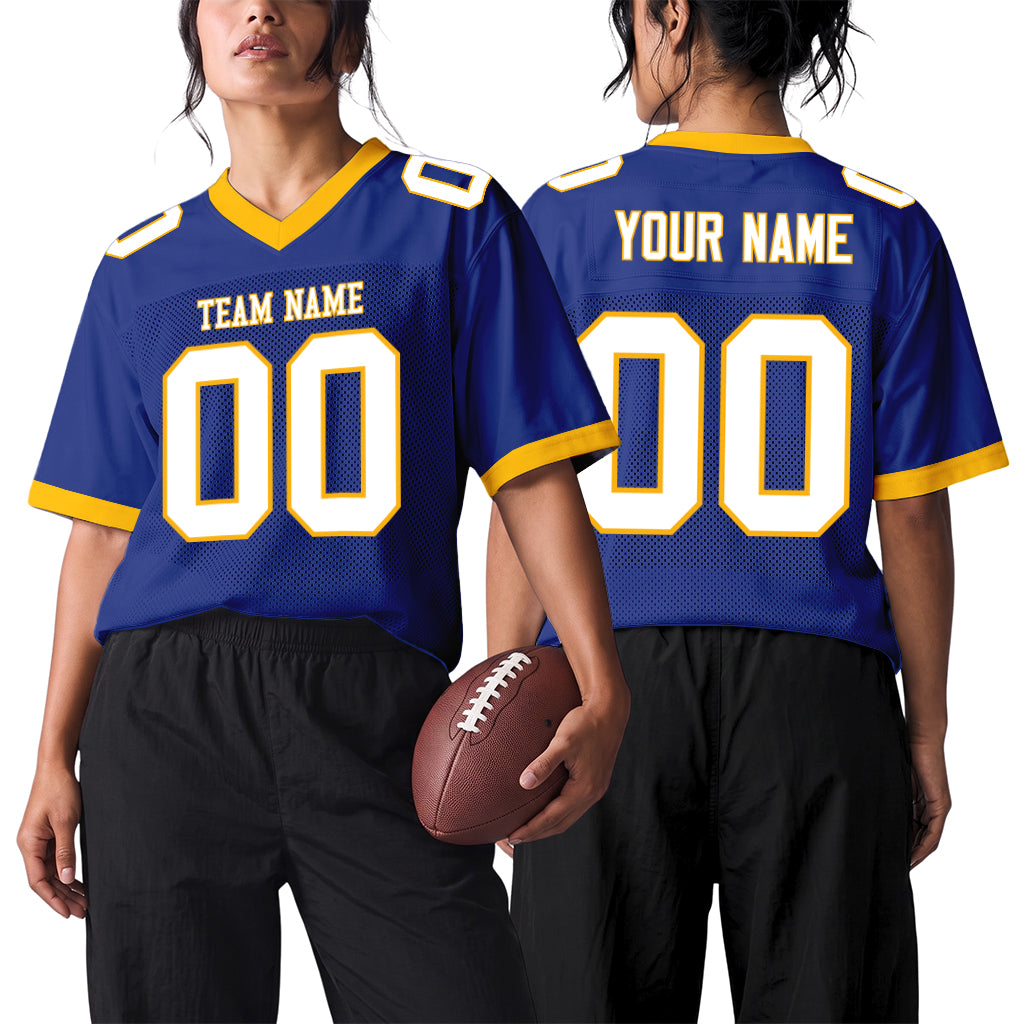 Custom Royal White-Gold Mesh Football Jersey