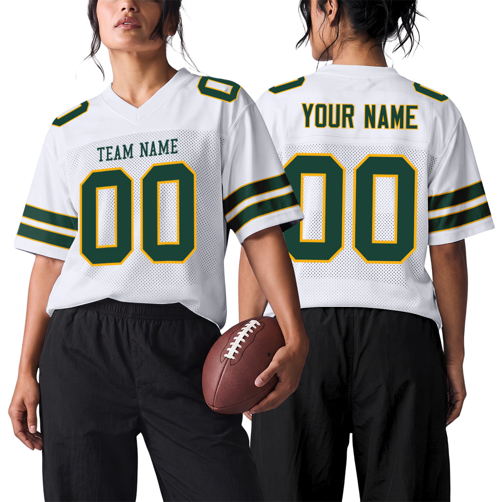 Custom White Green-Gold Mesh Football Jersey