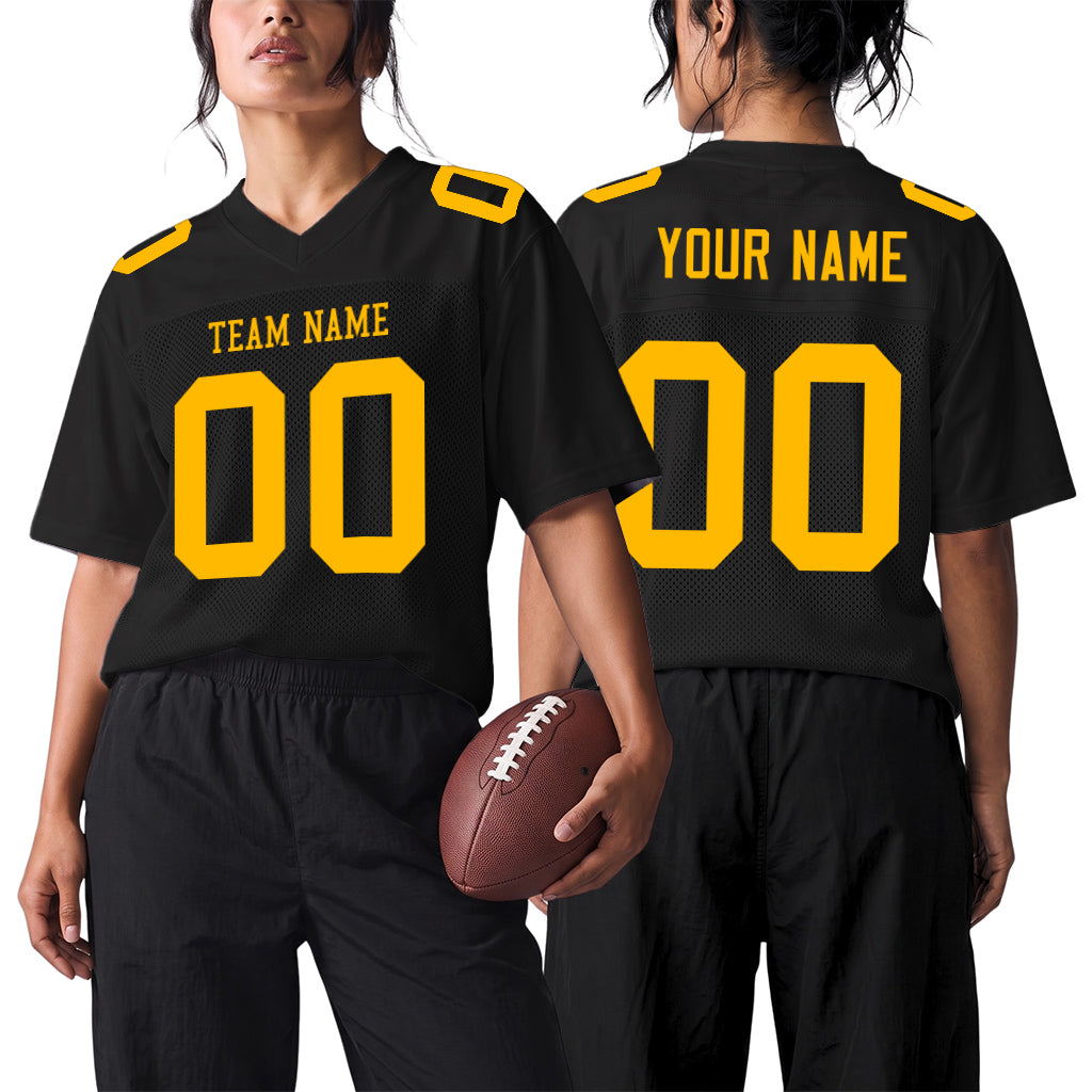 Custom Black Gold Mesh Football Jersey