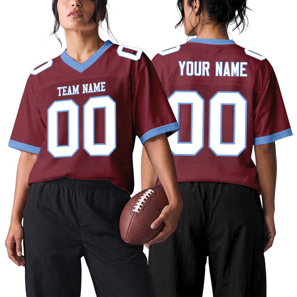Custom Burgundy White-Electric Blue Mesh Football Jersey