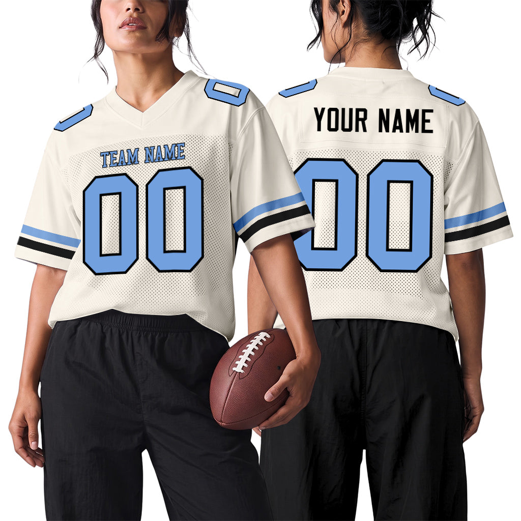Custom Cream Light Blue-Steel Gray Mesh Football Jersey