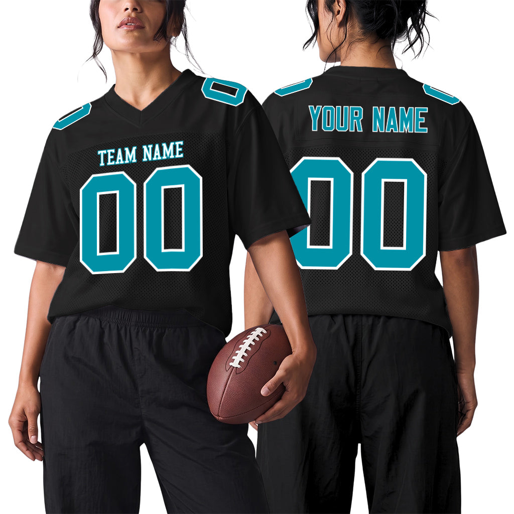 Custom Black Teal-White Mesh Football Jersey