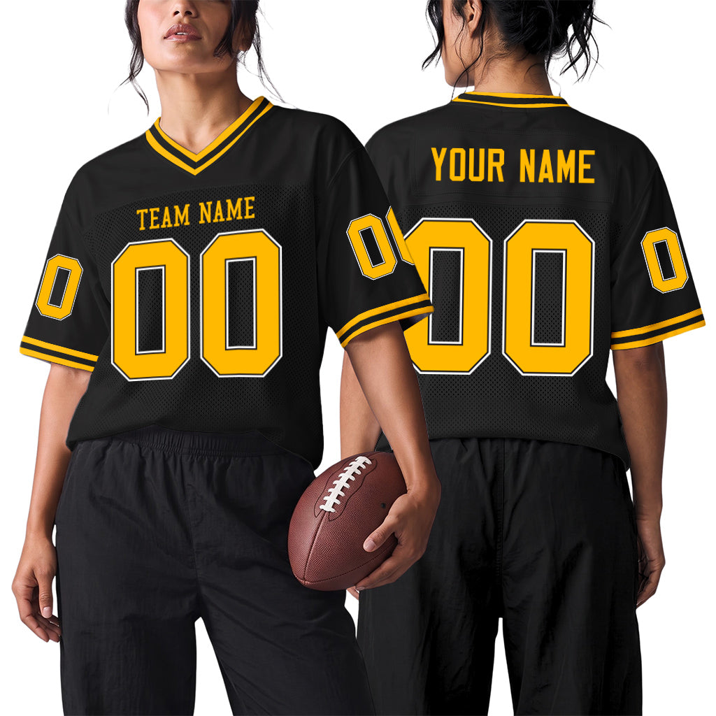 Custom Black Gold-White Mesh Football Jersey