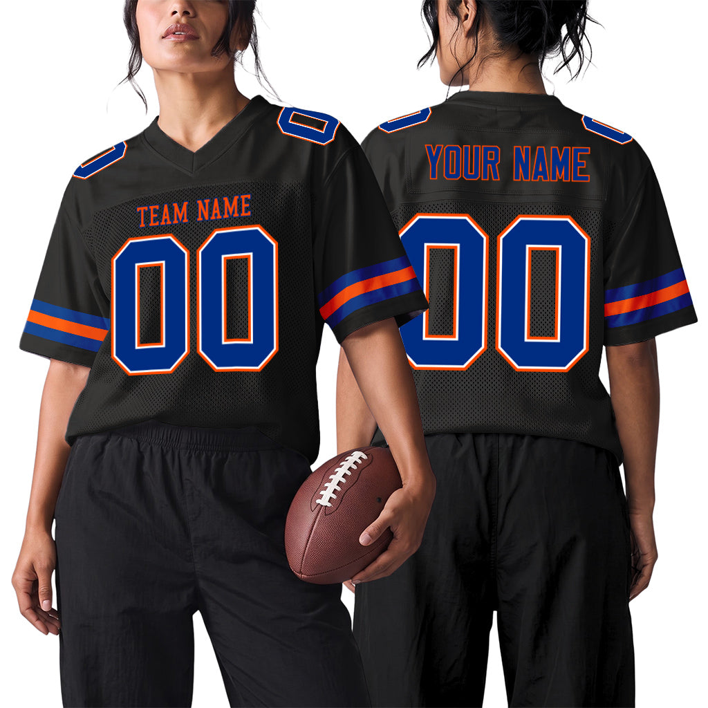 Custom Black Royal-Orange Mesh Football Jersey