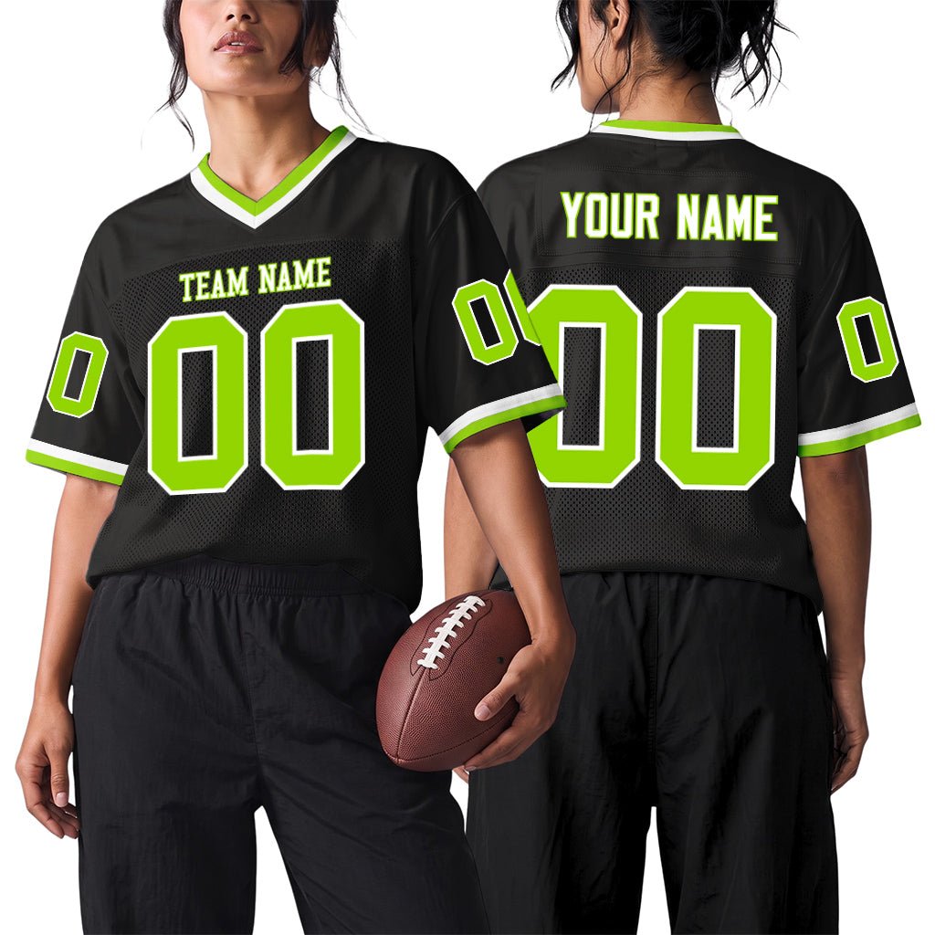 Custom Black Neon Green-White Mesh Throwback Mesh Football Jersey