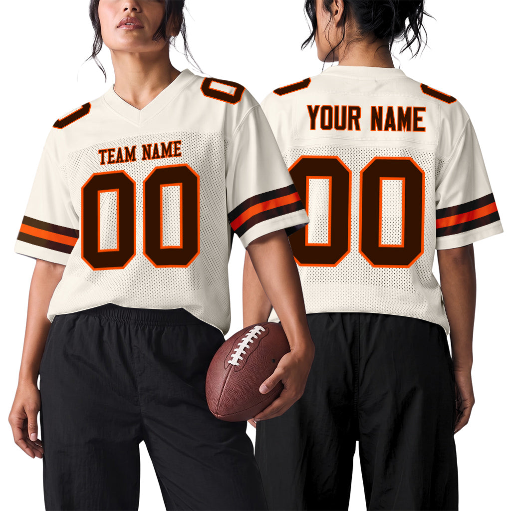 Custom Cream Brown-Orange Mesh Football Jersey