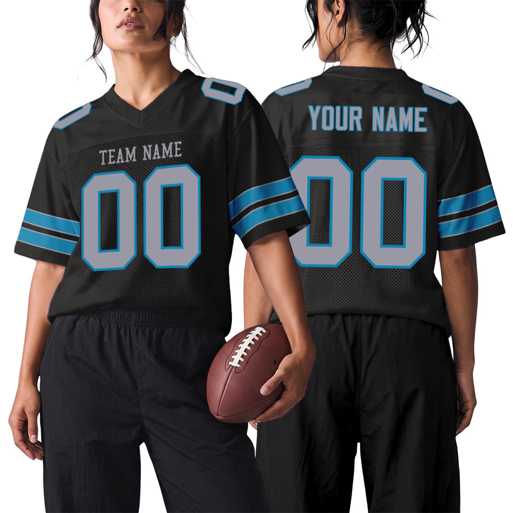 Custom Black Light Gray-Panther Blue Mesh Football Jersey