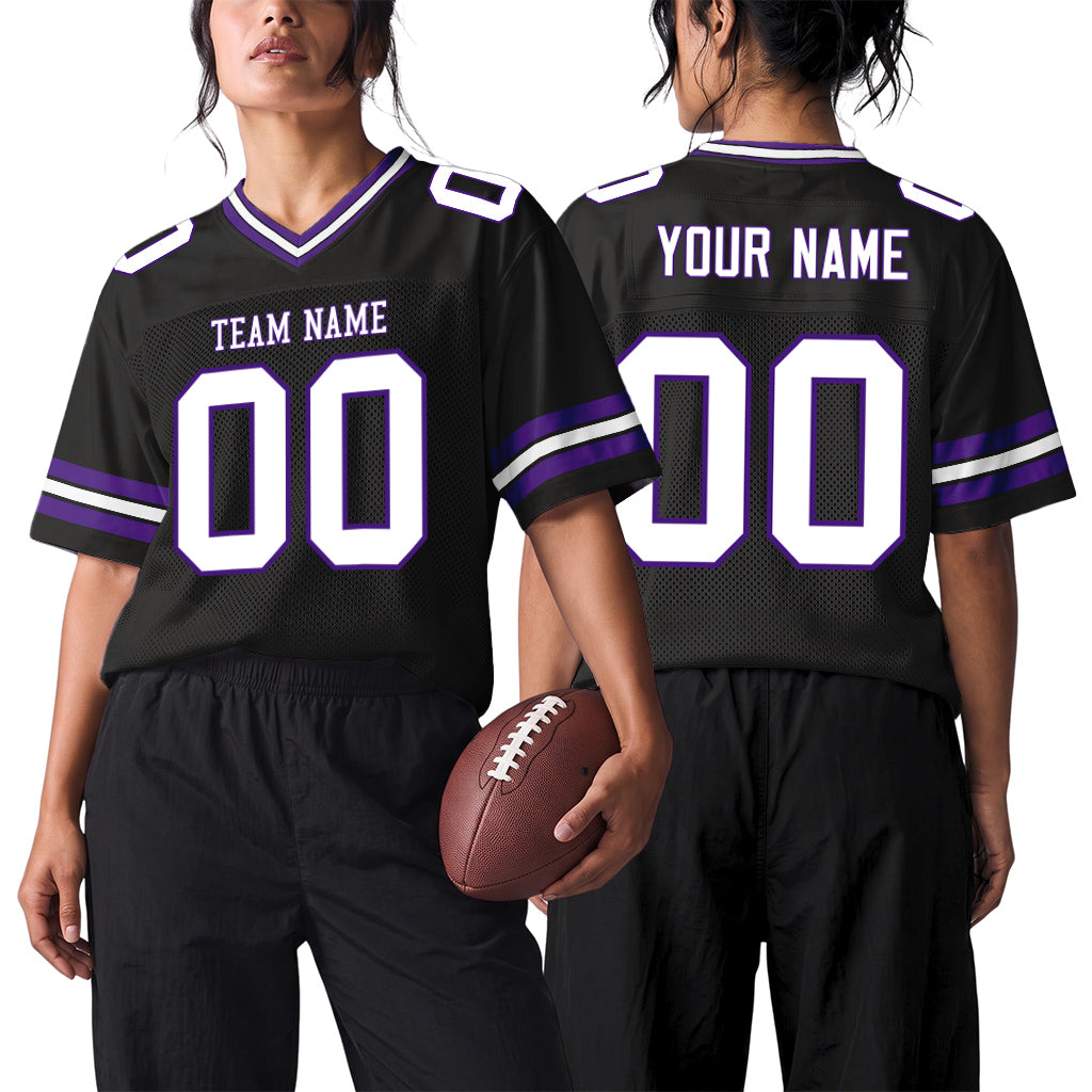 Custom Black White-Purple Mesh Football Jersey