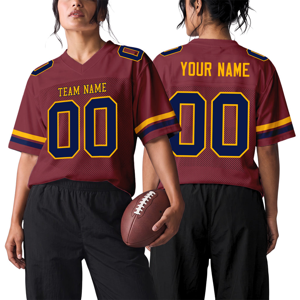 Custom Burgundy Navy-Gold Mesh Football Jersey