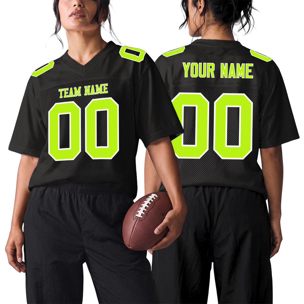 Custom Black Neon Green-White Custom Name Mesh Football Jersey