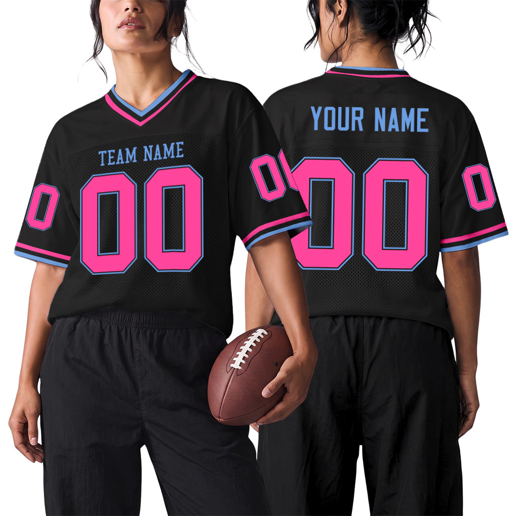 Custom Black Pink-Light Blue Mesh Football Jersey