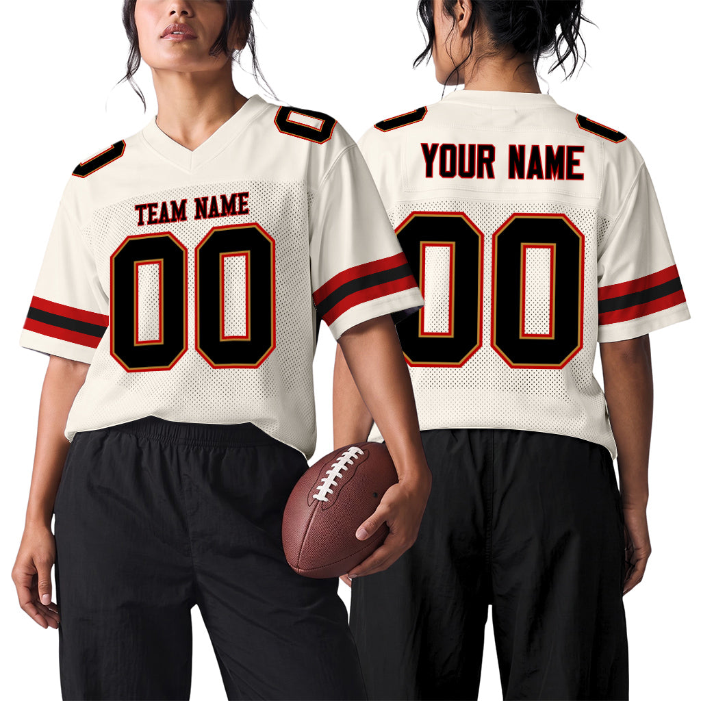Custom Cream Black-Red Mesh Football Jersey