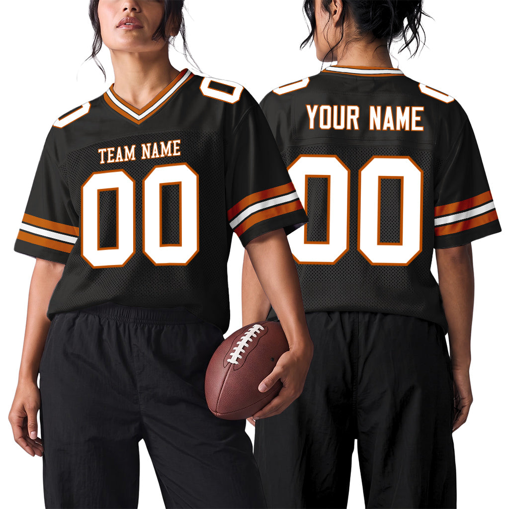 Custom Black White-Texas Orange Custom Name Mesh Football Jersey