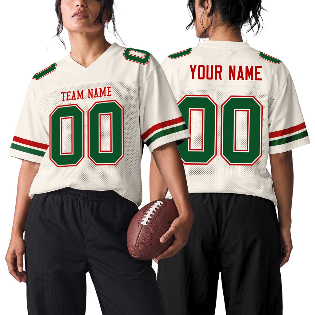 Custom Cream Kelly Green-Red Mesh Football Jersey