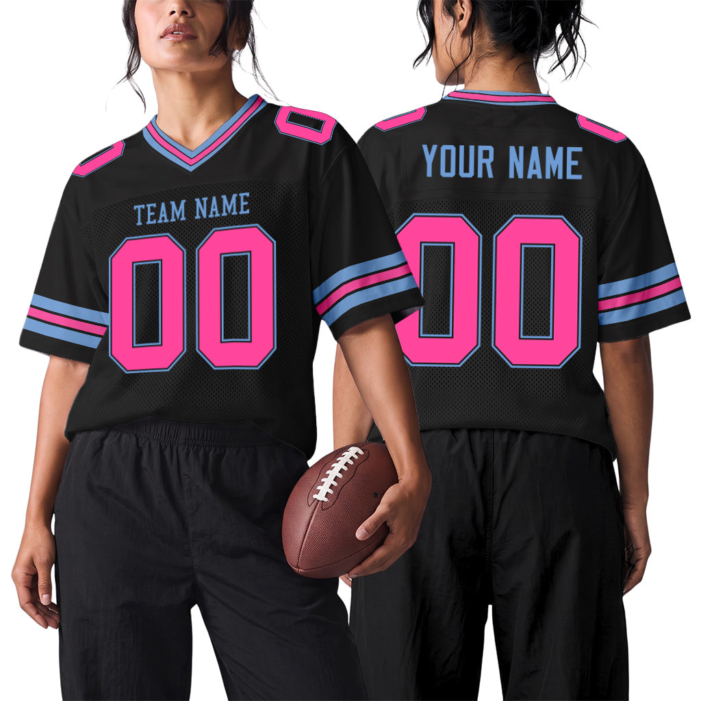 Custom Black Pink-Light Blue Mesh Football Jersey
