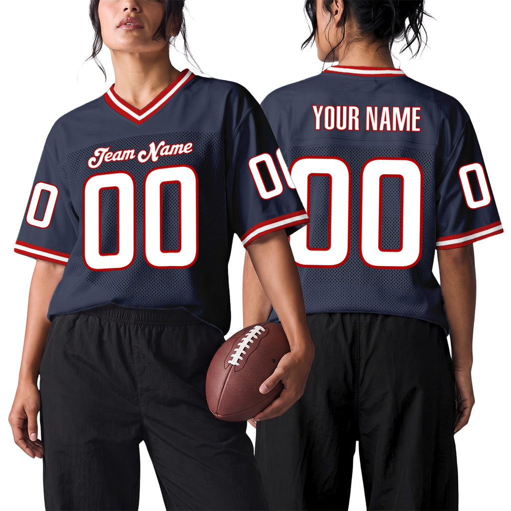 Custom Navy White-Red Mesh Football Jersey