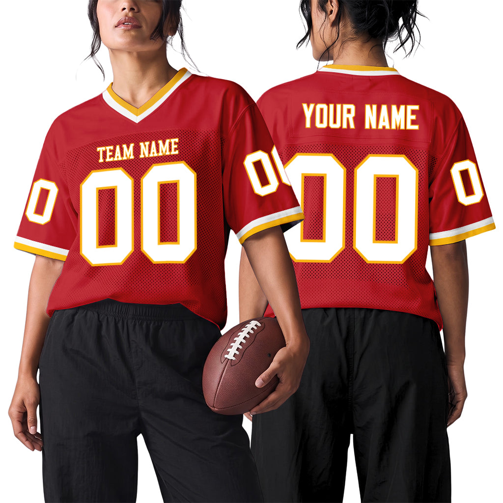 Custom Red White-Gold Mesh Football Jersey