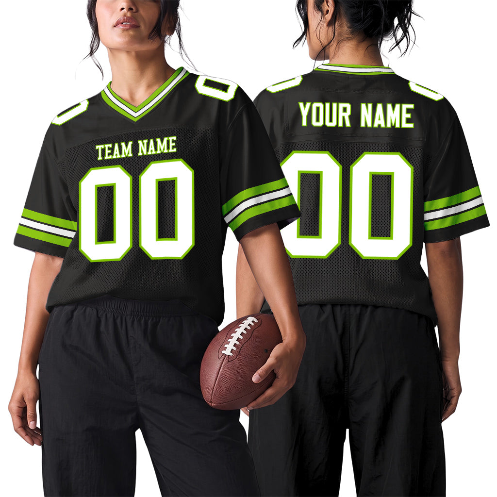Custom Black White-Neon Green Mesh Football Jersey