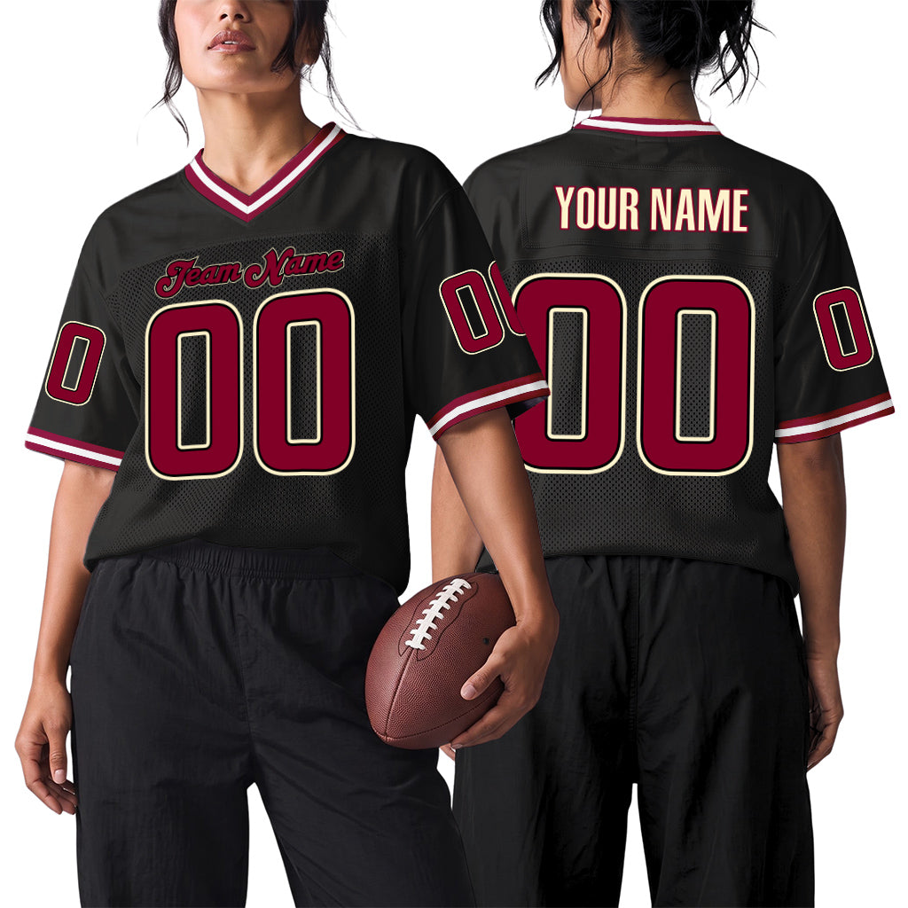 Custom Black Cardinal-Cream Mesh Throwback Mesh Football Jersey