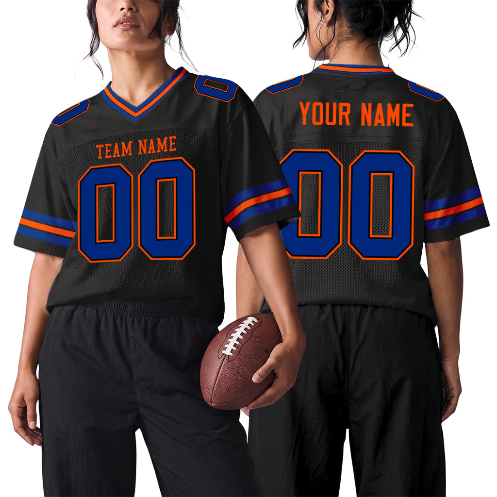 Custom Black Royal-Orange Mesh Football Jersey