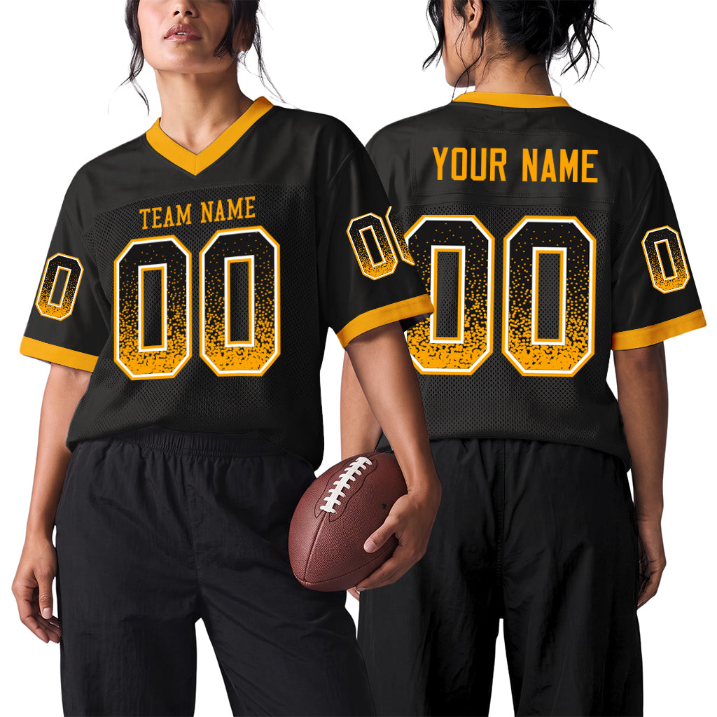 Custom Black Gold-White Drift Fashion Custom Name Mesh Football Jersey