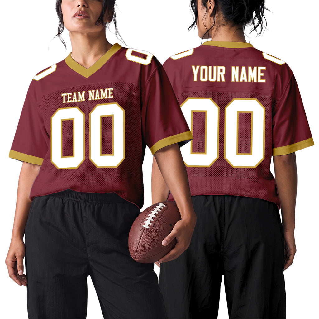 Custom Burgundy White-Old Gold Mesh Football Jersey