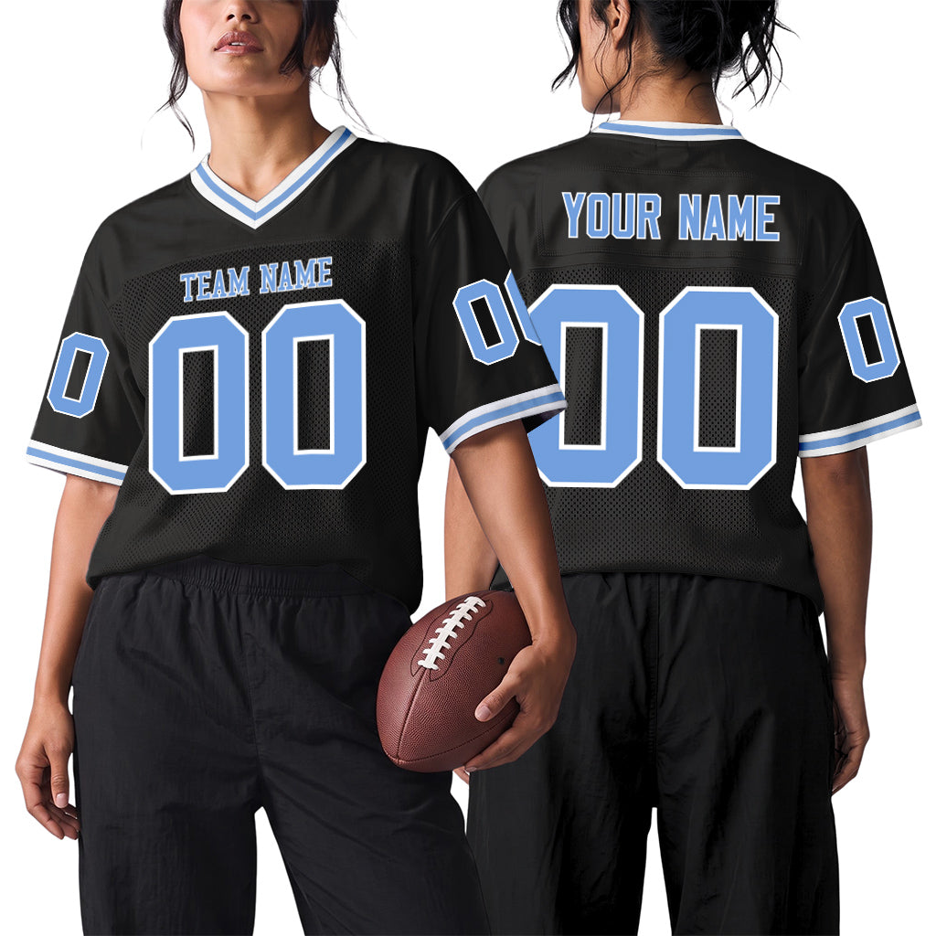 Custom Black Light Blue-White Mesh Throwback Mesh Football Jersey