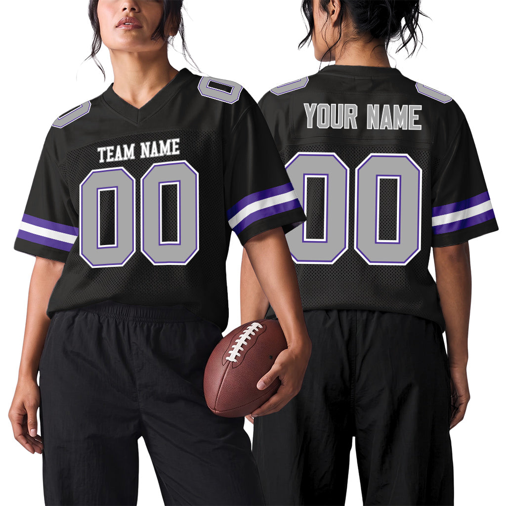 Custom Black Gray-Purple Mesh Football Jersey
