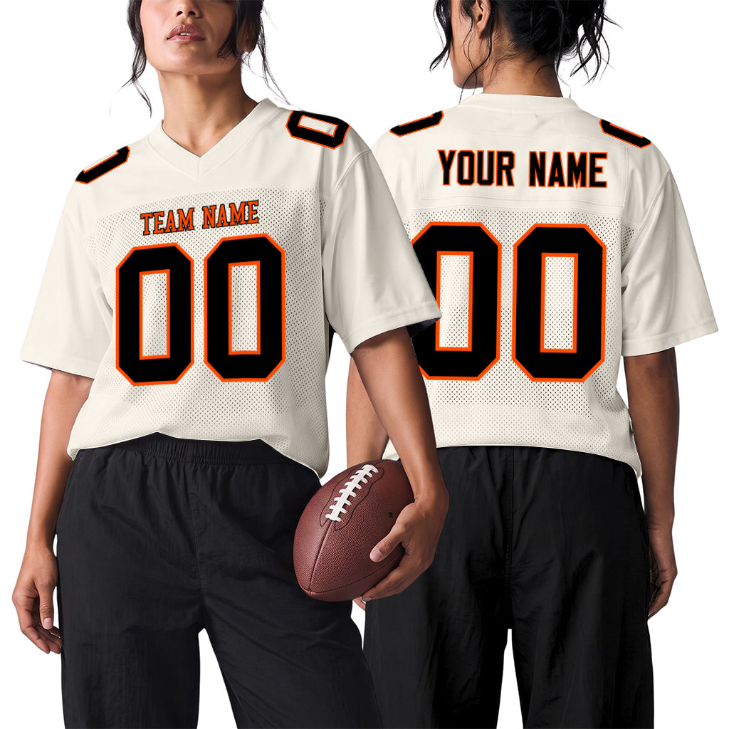 Custom Cream Black-Orange Mesh Football Jersey