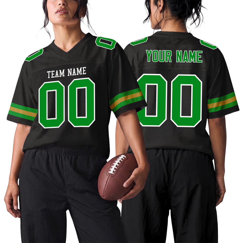 Custom Black Grass Green-Old Gold Mesh Football Jersey