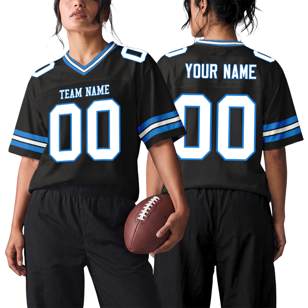 Custom Black White-Electric Blue Mesh Football Jersey