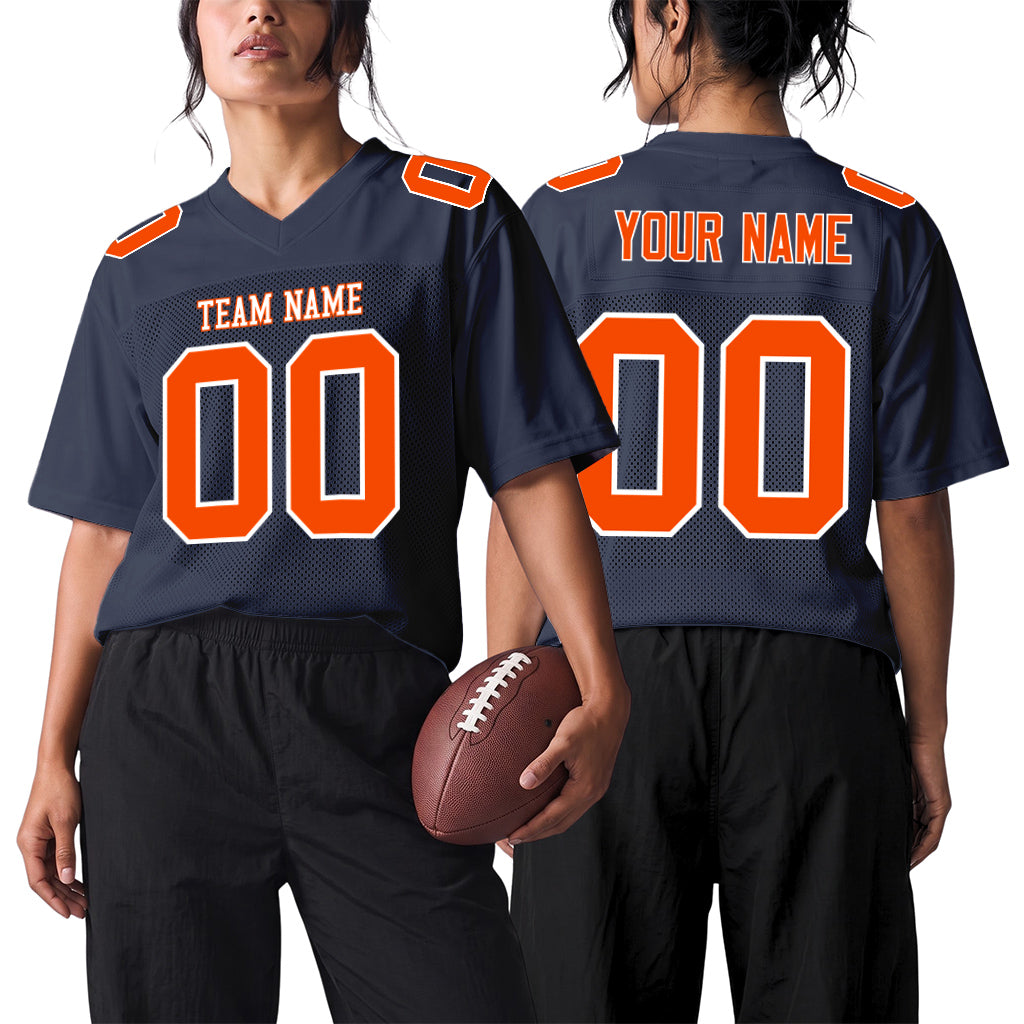 Custom Navy Orange-White Mesh Football Jersey