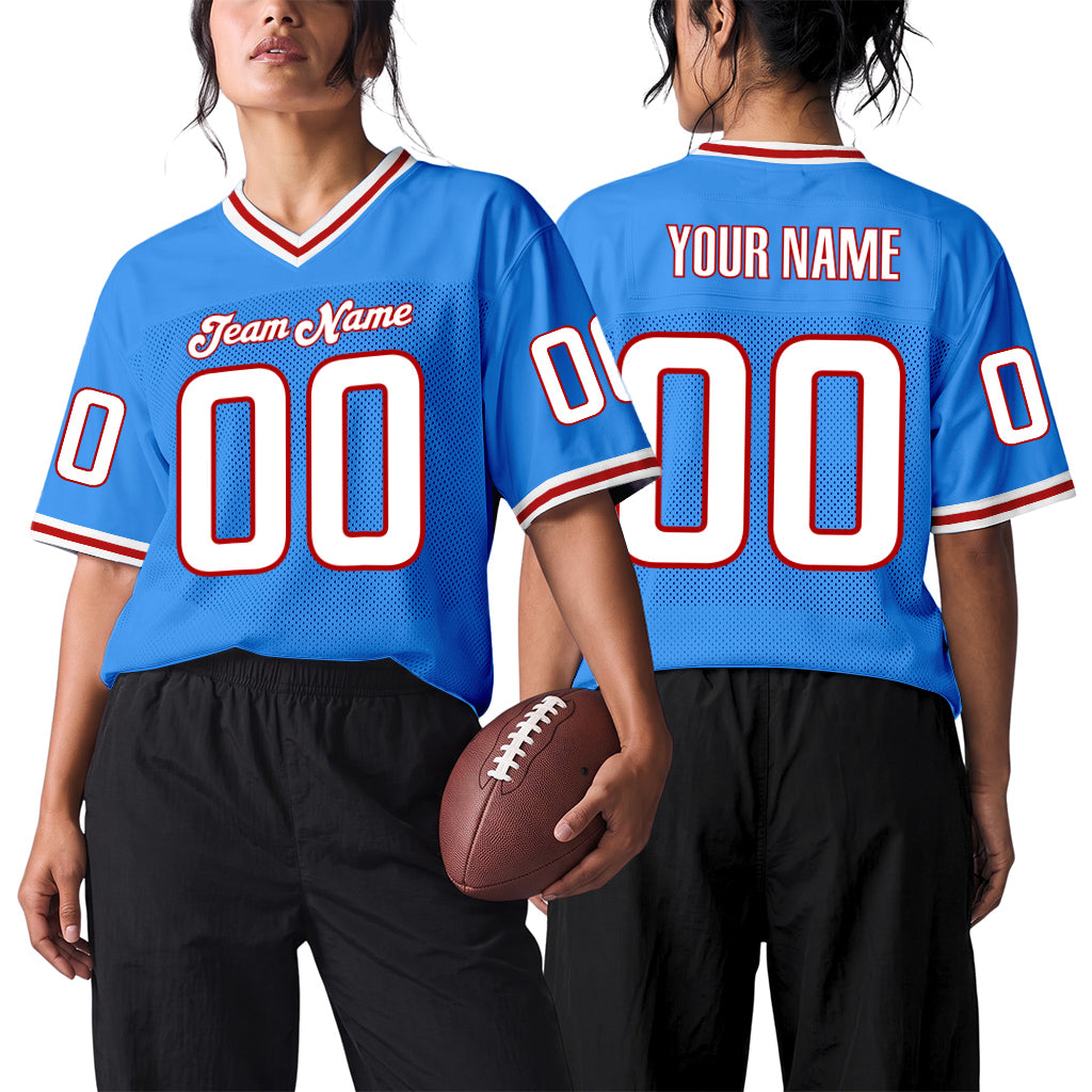 Custom Powder Blue White-Red Mesh Football Jersey